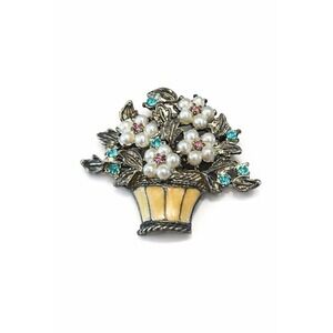 Vintage Floral Basket Brooch Faux Pearl Rhinestone Flower Bouquet Pin